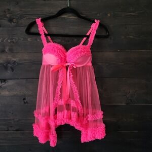 Victoria's Secret lingerie Sheer Babydoll Nightie Hot Pink 34B Underwire Ruffle